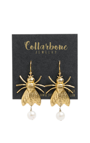 Brass Fly with Pearl Earrings