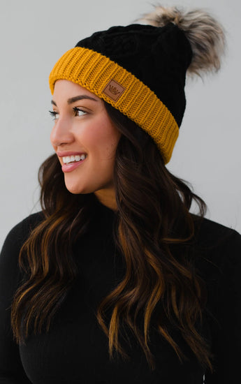 Black and Gold Knit Pom Hat