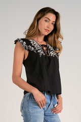 Embroidered Flutter Sleeve Top