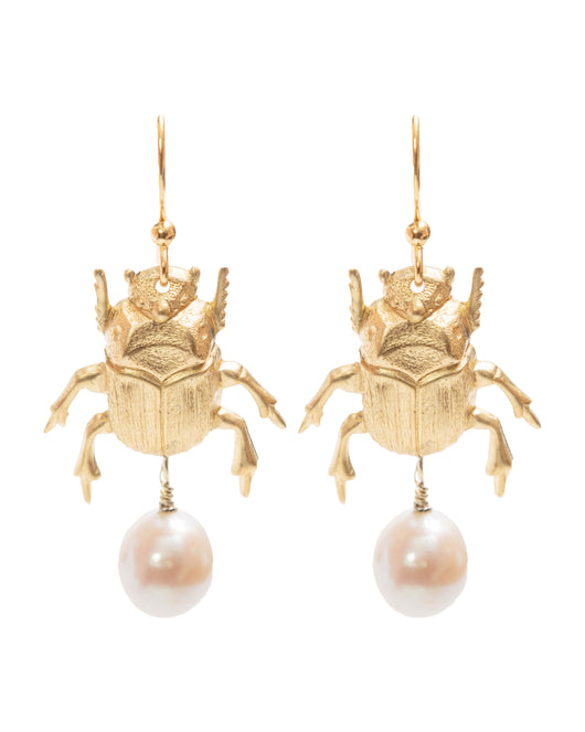 Brass Beetle with Pearl Earrings