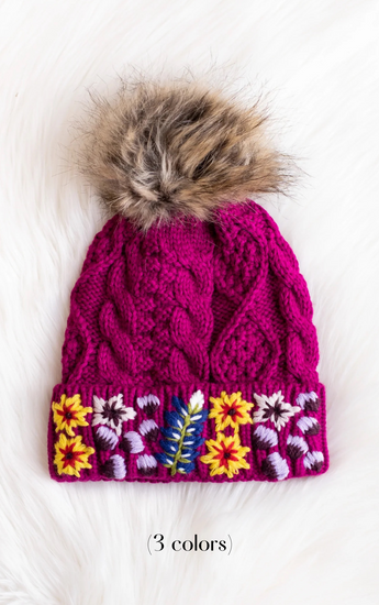 Hand Stitched Floral Cable Knit Hat