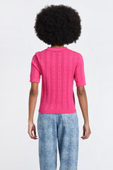 Openwork Knit Polo Sweater